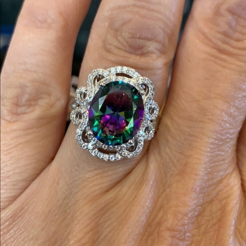 3ct Oval Quartz Rhodium over Silver CZ Ring